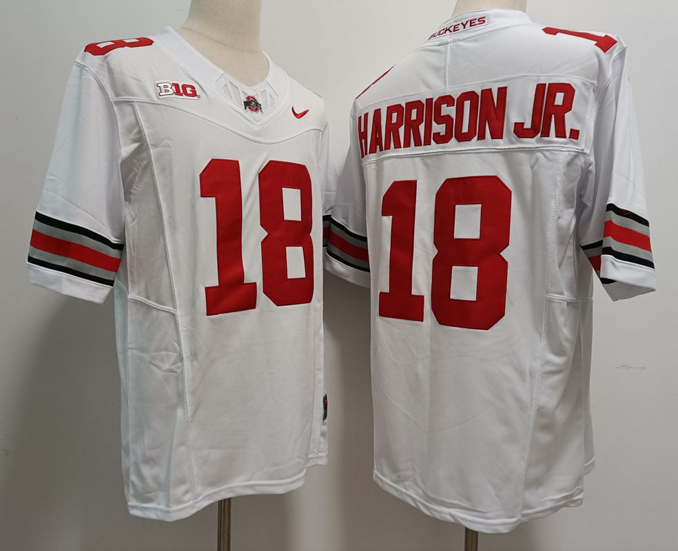 Men Ohio State Buckeyes 18 Harrison jr White Nike 2025 NCAA Jersey